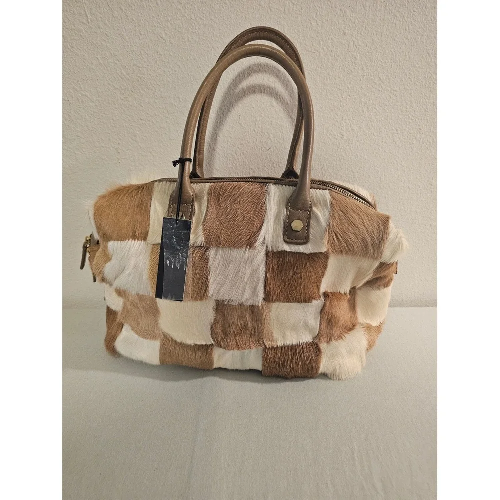 Letizia Satchel Brown White Patchwork Calf Hair Handbag